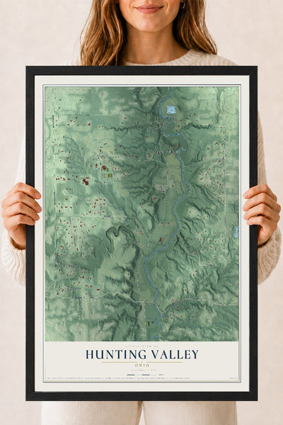Map of Hunting Valley, Ohio, 18 x 24 inch print in a black wood frame