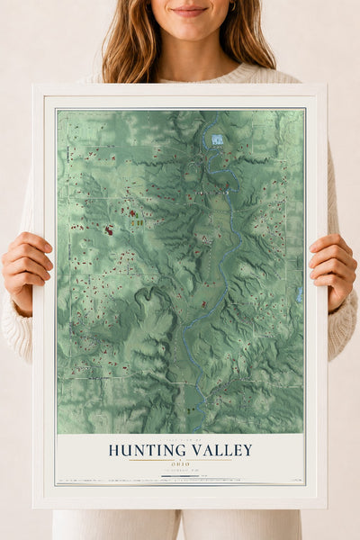Map of Hunting Valley, Ohio, 18 x 24 inch print in a white wood frame