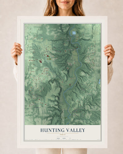 Map of Hunting Valley, Ohio, 24 x 36 inch print in a white wood frame