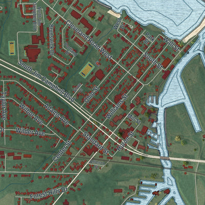 Close-up of the map of Huron, Ohio print showing street and building detail