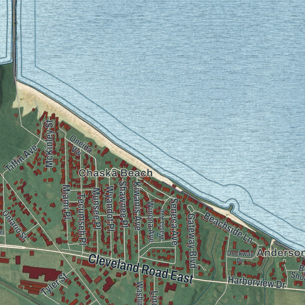Second close-up of the map of Huron, Ohio print showing more streets and buildings