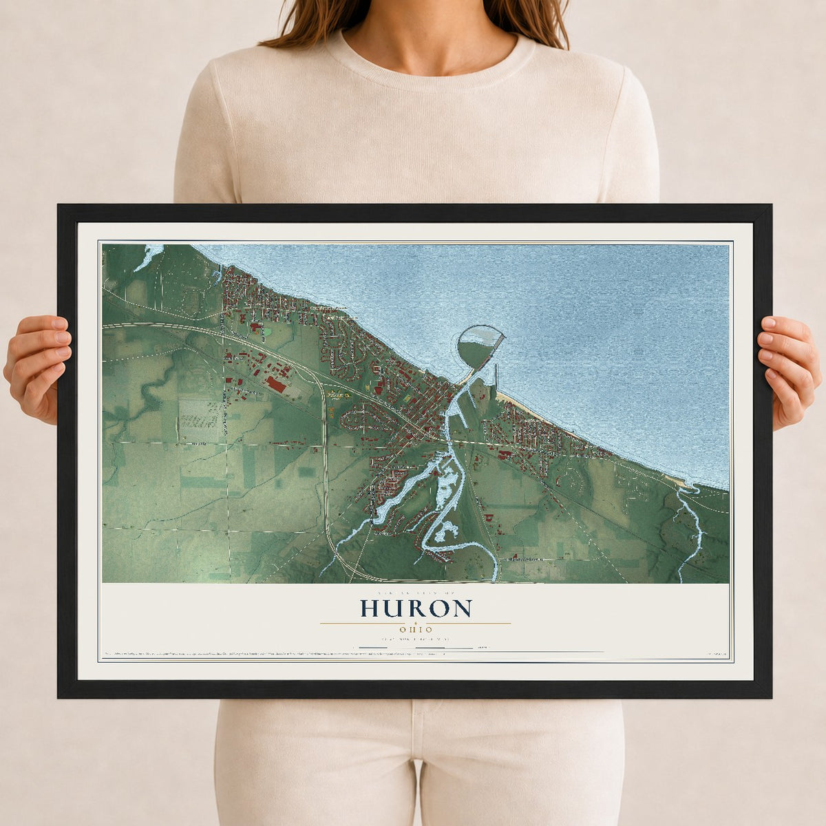 Map of Huron, Ohio, 12 x 18 inch print in a black wood frame