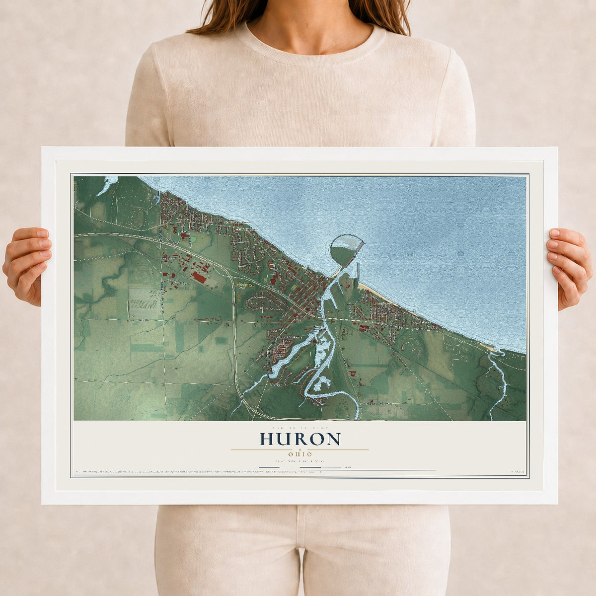 Map of Huron, Ohio, 12 x 18 inch print in a white wood frame