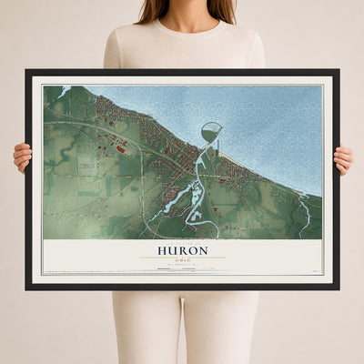 Map of Huron, Ohio, 24 x 36 inch print in a black wood frame