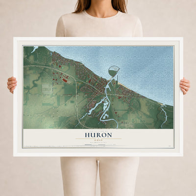 Map of Huron, Ohio, 24 x 36 inch print in a white wood frame