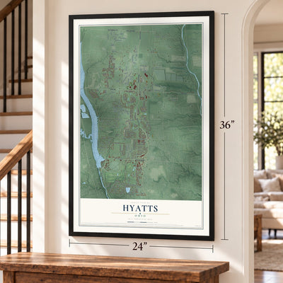 Hyatts, Ohio map, 24 x 36 inch print in a black frame by a staircase
