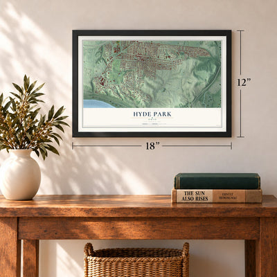Hyde Park, Ohio map, 12 x 18 inch print in a black frame in an entryway
