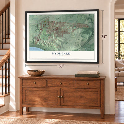 Hyde Park, Ohio map, 24 x 36 inch print in a black frame above a dresser by a staircase