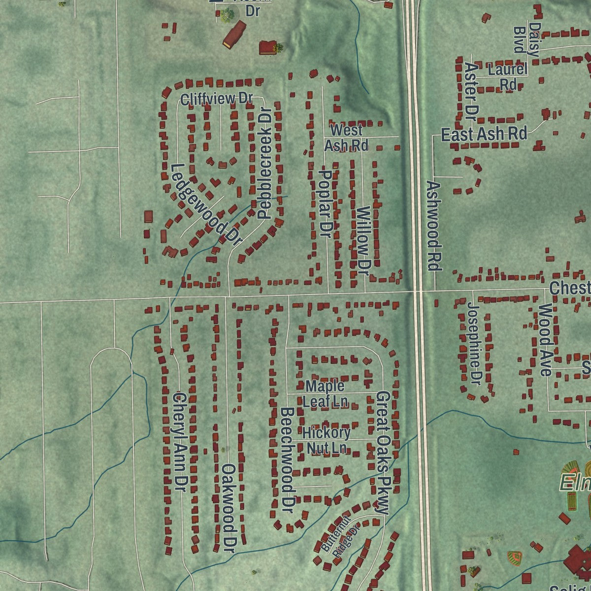 Second close-up of the map of Independence, Ohio print showing more streets and buildings