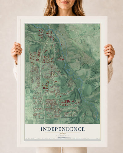 Map of Independence, Ohio, 24 x 36 inch print in a white wood frame