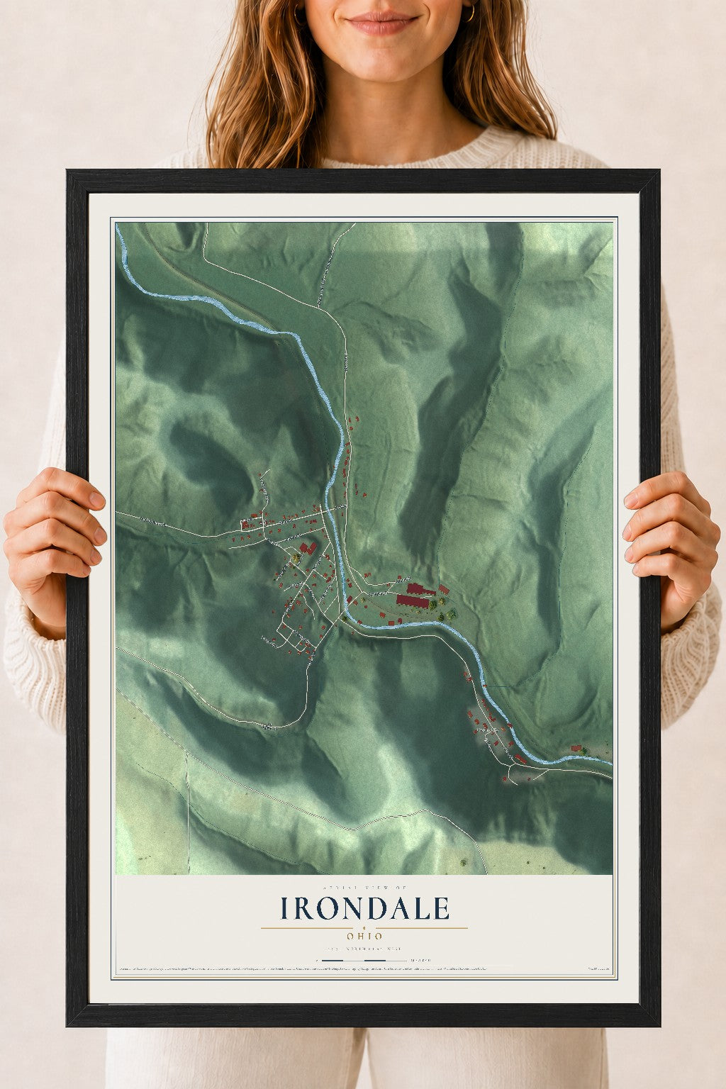 Map of Irondale, Ohio, 18 x 24 inch print in a black wood frame