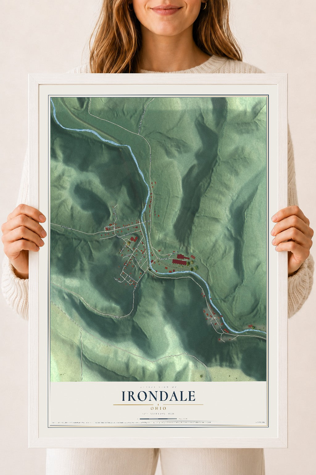 Map of Irondale, Ohio, 18 x 24 inch print in a white wood frame