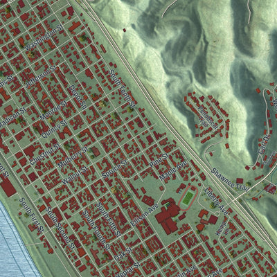 Close-up of the map of Ironton, Ohio print showing street and building detail