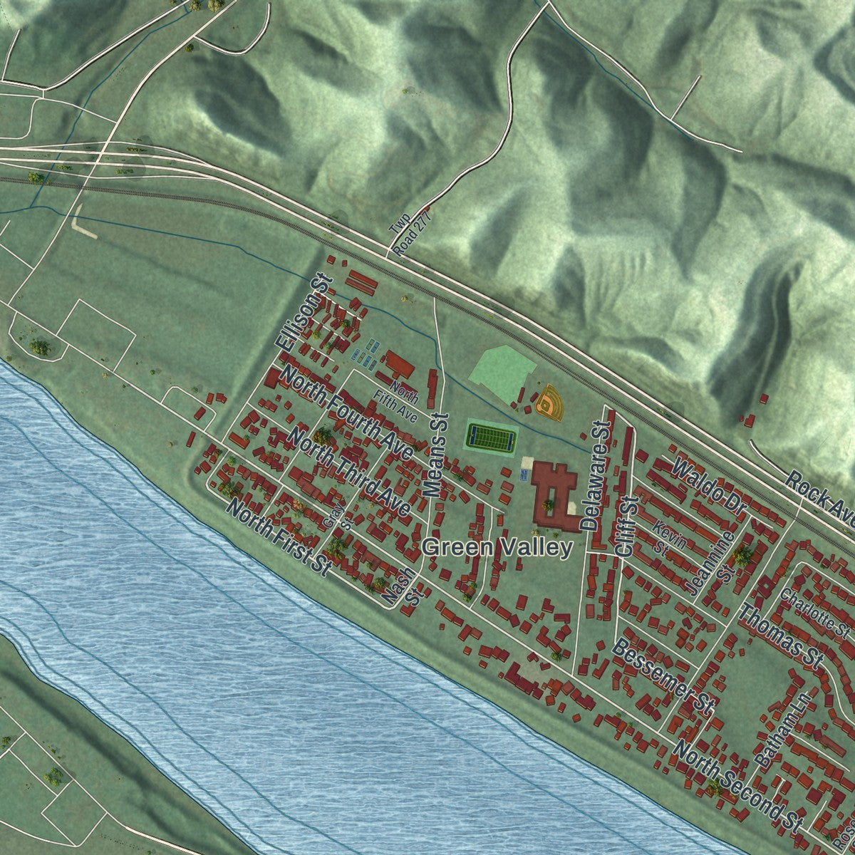 Second close-up of the map of Ironton, Ohio print showing more streets and buildings