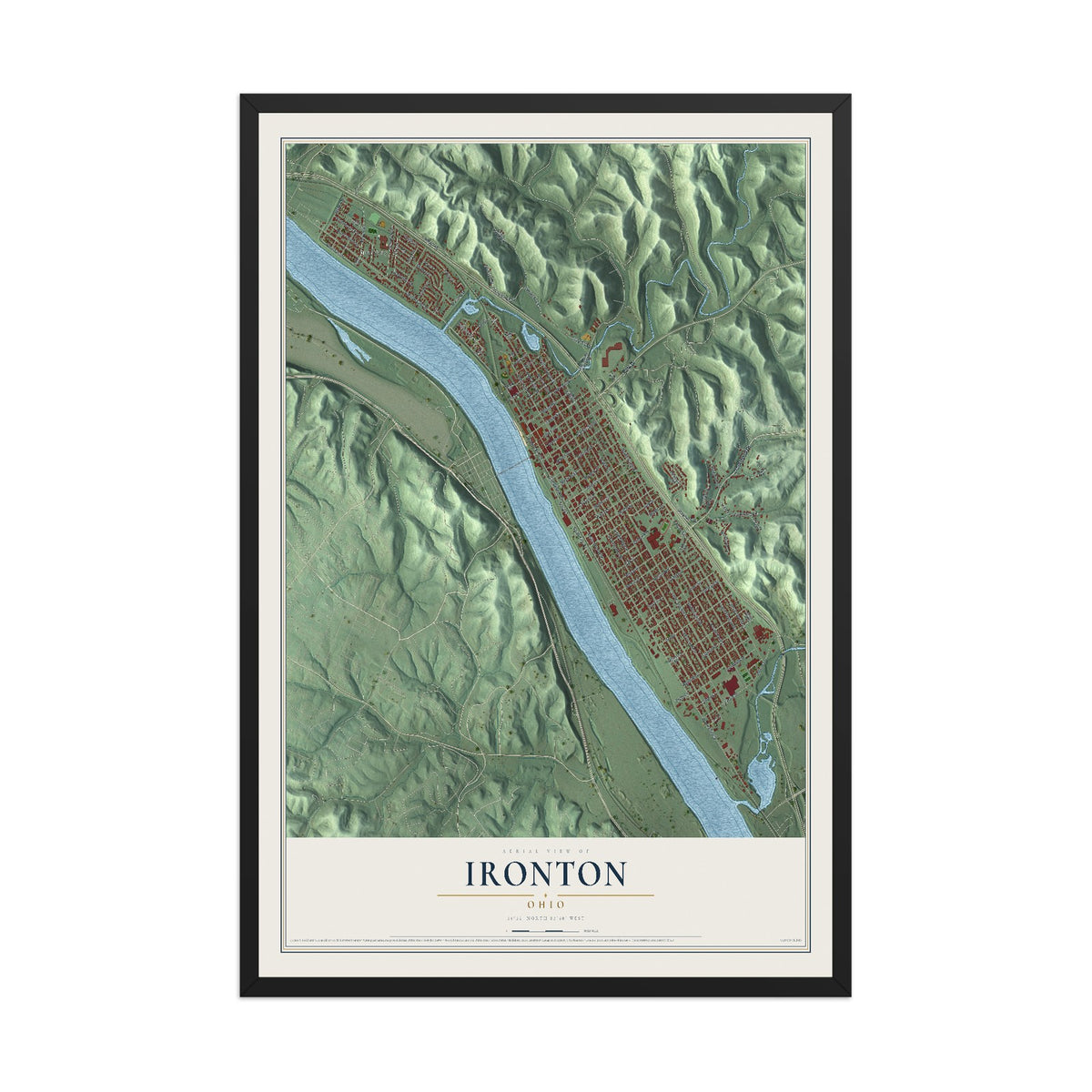 Map of Ironton, Ohio, 12 x 18 inch print in a black wood frame