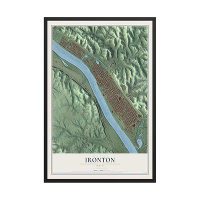 Map of Ironton, Ohio, 12 x 18 inch print in a black wood frame