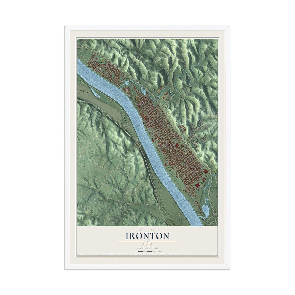 Map of Ironton, Ohio, 12 x 18 inch print in a white wood frame