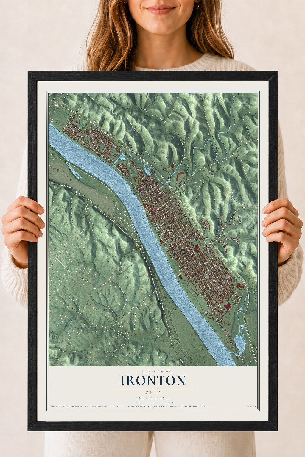Map of Ironton, Ohio, 18 x 24 inch print in a black wood frame