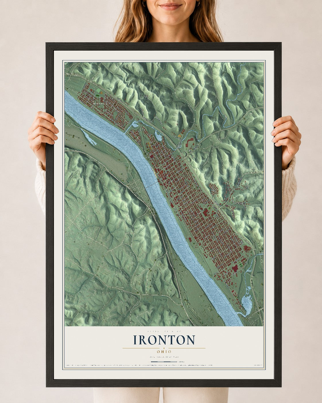 Map of Ironton, Ohio, 24 x 36 inch print in a black wood frame