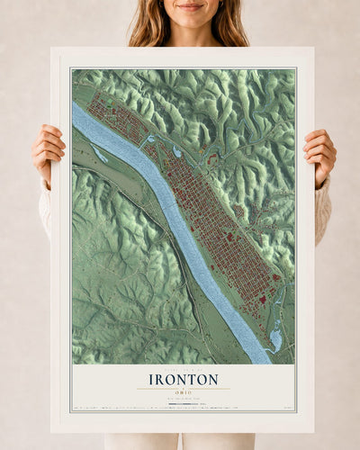 Map of Ironton, Ohio, 24 x 36 inch print in a white wood frame