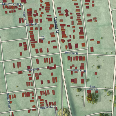 Close-up of the map of Italian Village, Ohio print showing street and building detail
