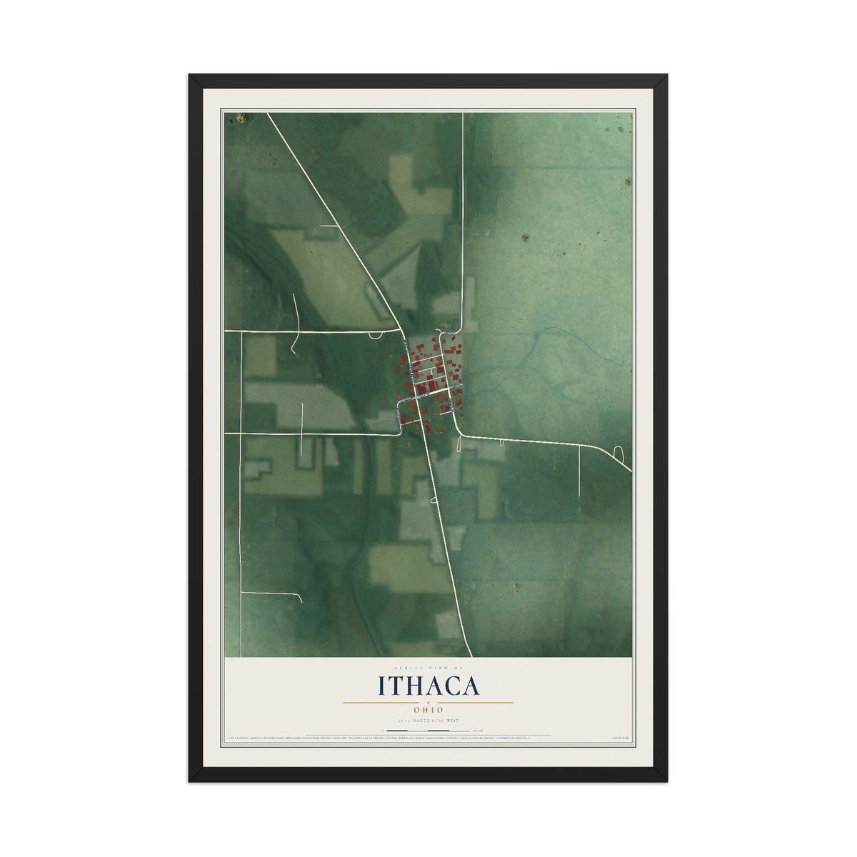 Map of Ithaca, Ohio, 12 x 18 inch print in a black wood frame