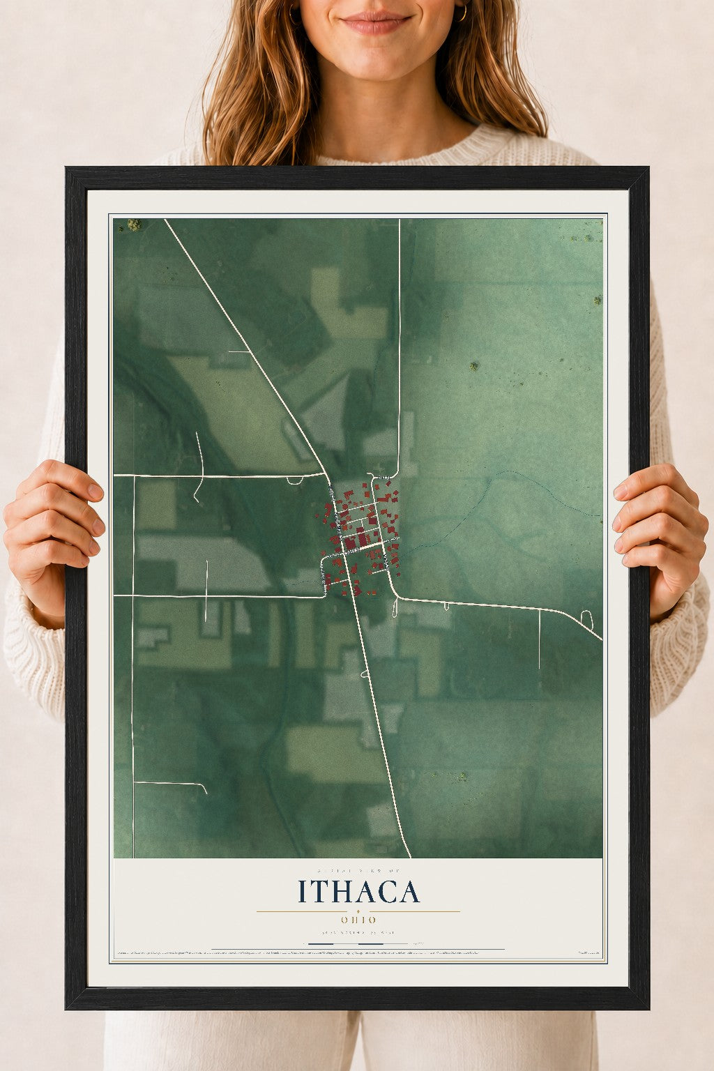 Map of Ithaca, Ohio, 18 x 24 inch print in a black wood frame