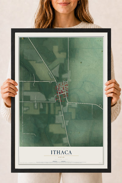 Map of Ithaca, Ohio, 18 x 24 inch print in a black wood frame