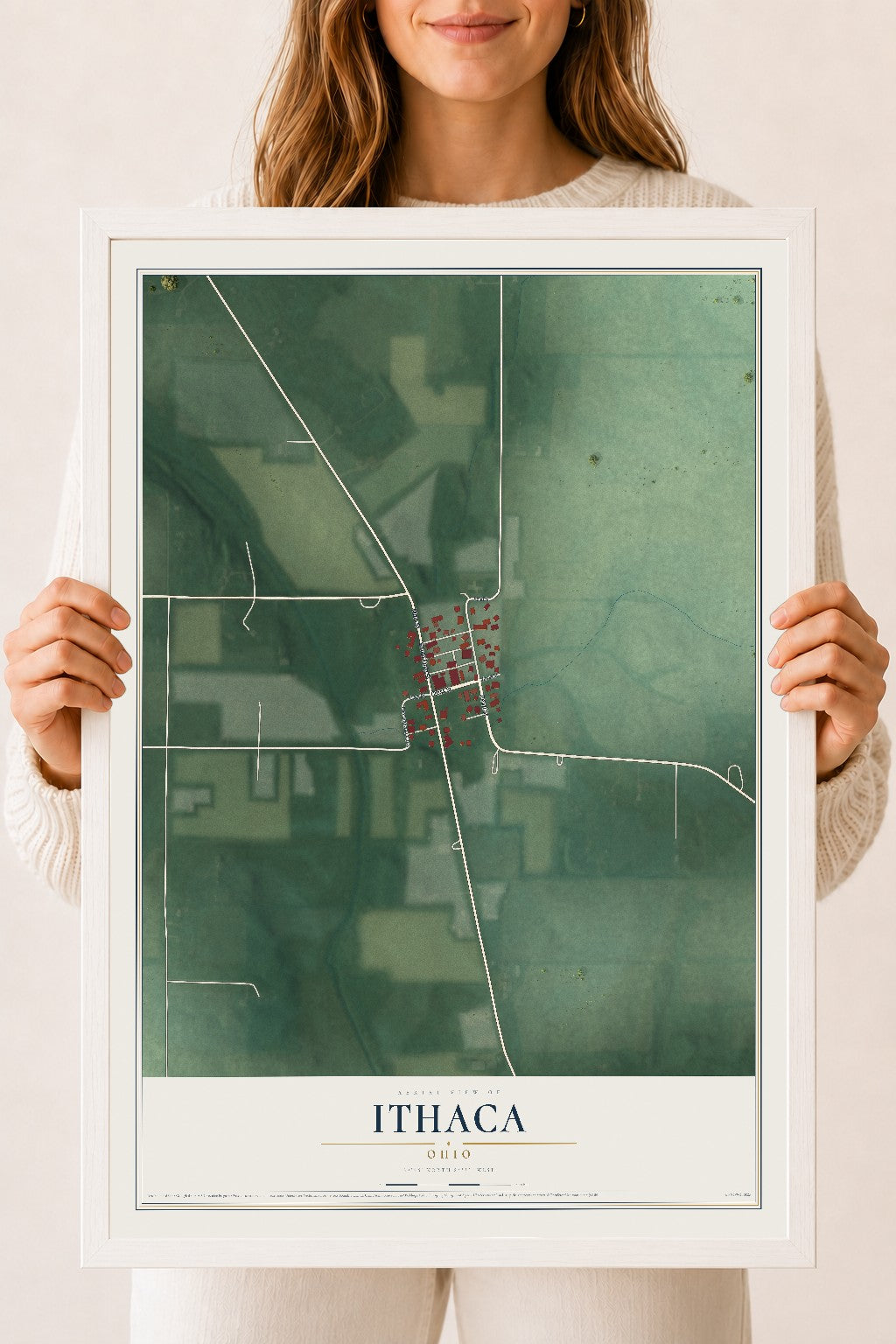 Map of Ithaca, Ohio, 18 x 24 inch print in a white wood frame