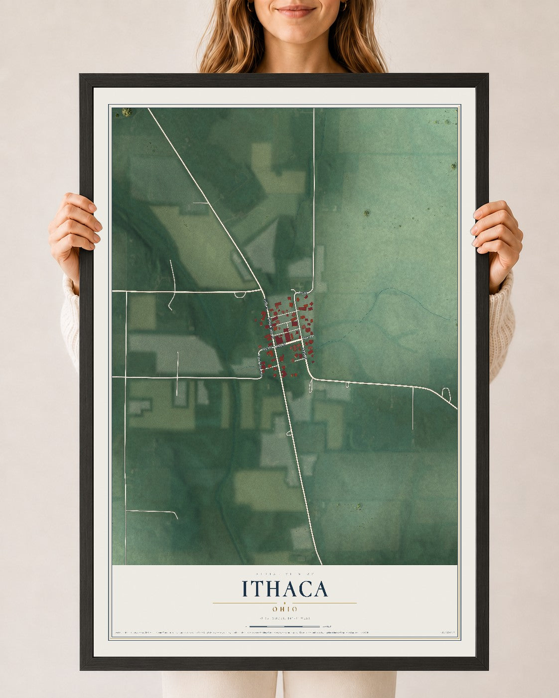 Map of Ithaca, Ohio, 24 x 36 inch print in a black wood frame