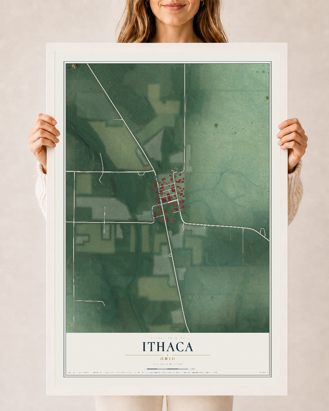 Map of Ithaca, Ohio, 24 x 36 inch print in a white wood frame