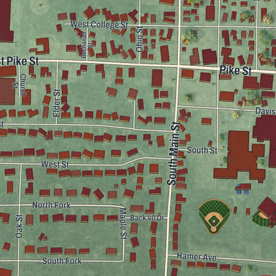 Close-up of the map of Jackson Center, Ohio print showing street and building detail