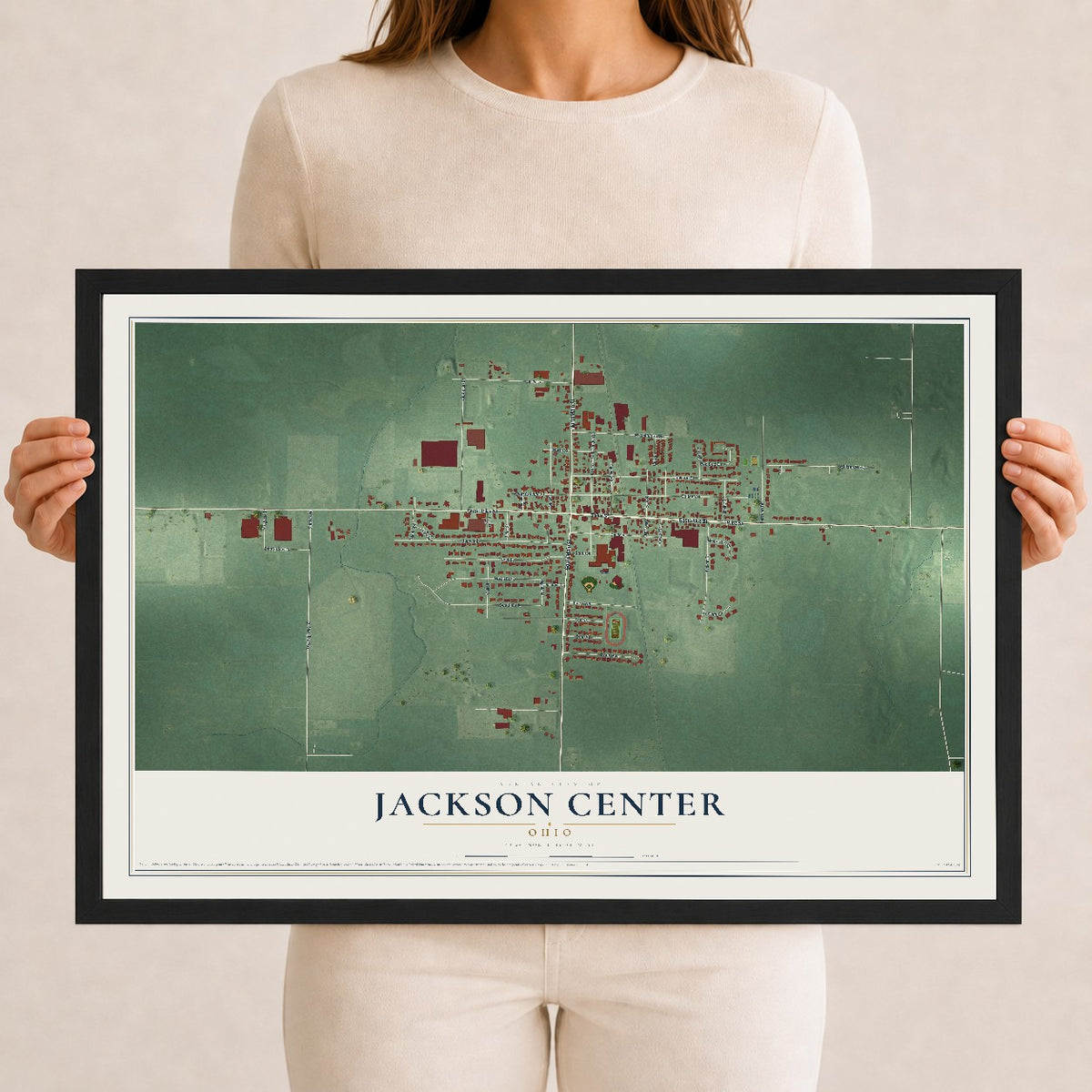Map of Jackson Center, Ohio, 12 x 18 inch print in a black wood frame