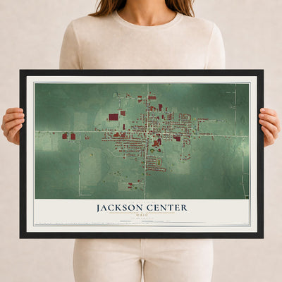 Map of Jackson Center, Ohio, 12 x 18 inch print in a black wood frame