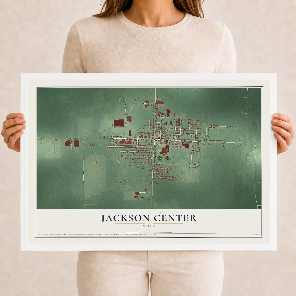 Map of Jackson Center, Ohio, 12 x 18 inch print in a white wood frame