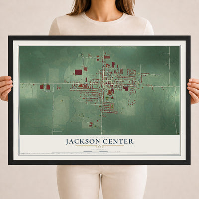 Map of Jackson Center, Ohio, 18 x 24 inch print in a black wood frame