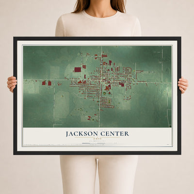Map of Jackson Center, Ohio, 24 x 36 inch print in a black wood frame