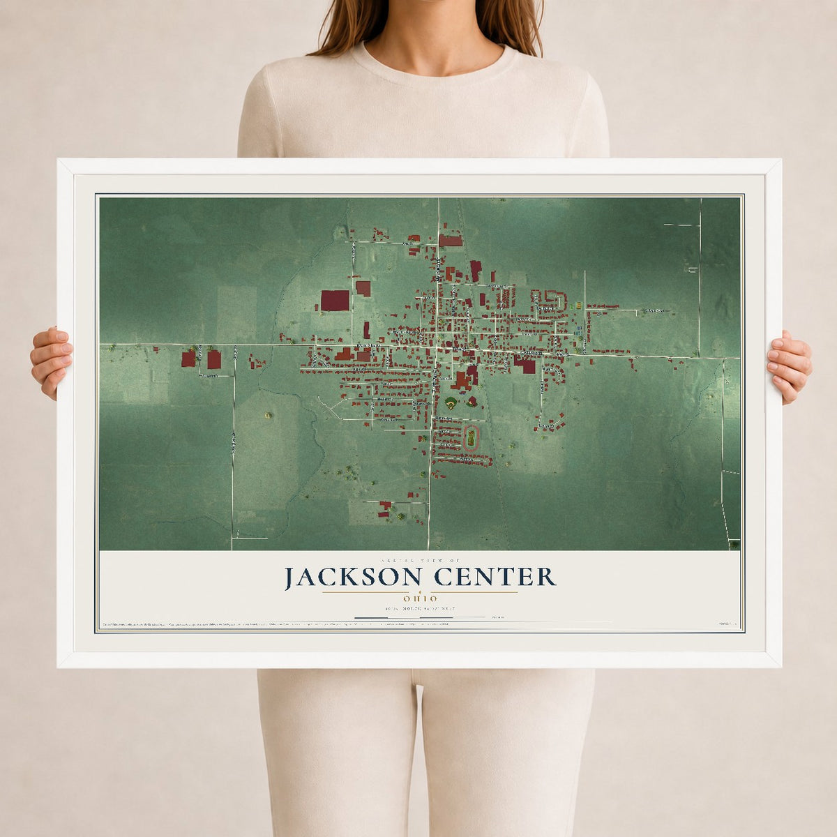 Map of Jackson Center, Ohio, 24 x 36 inch print in a white wood frame