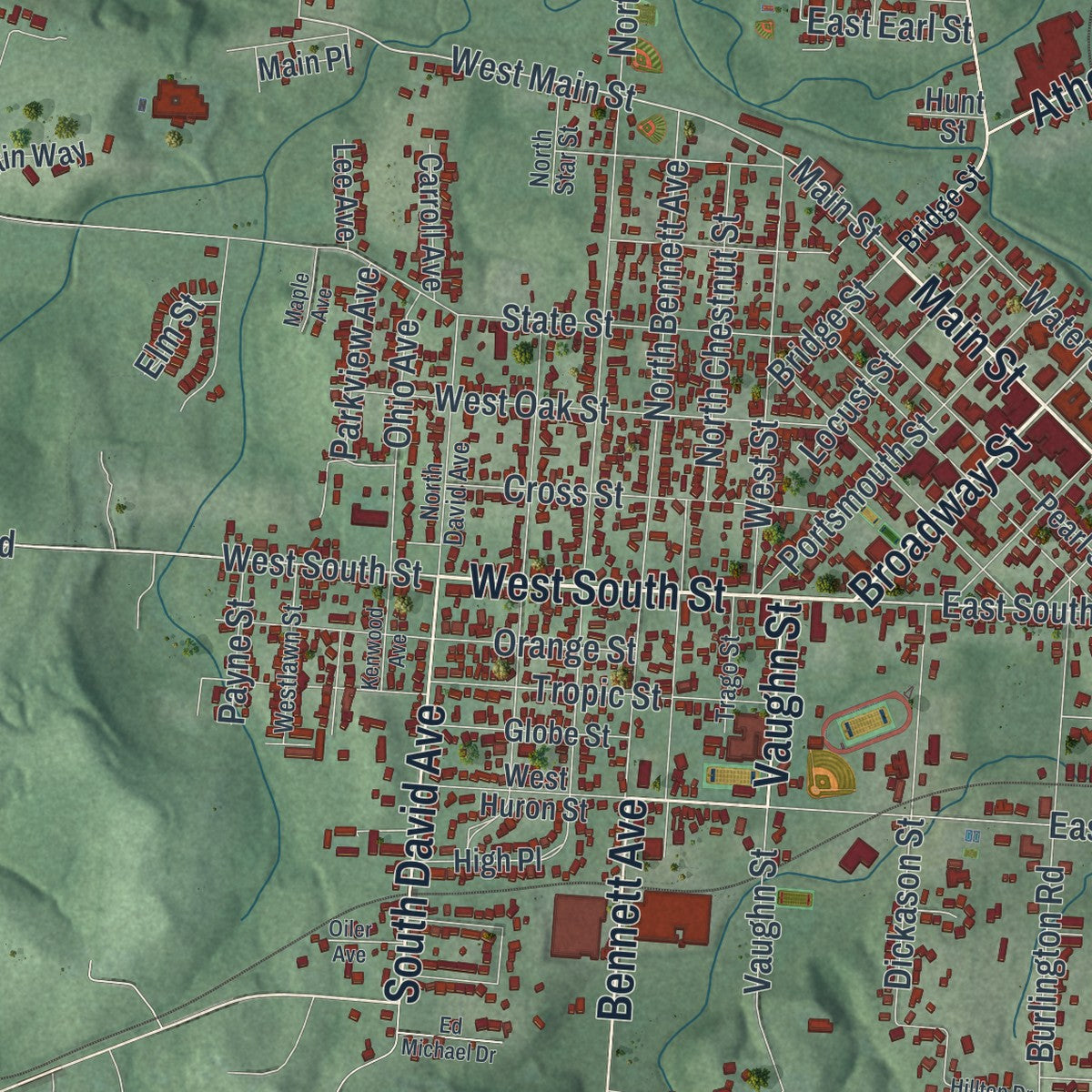 Close-up of the map of Jackson, Ohio print showing street and building detail