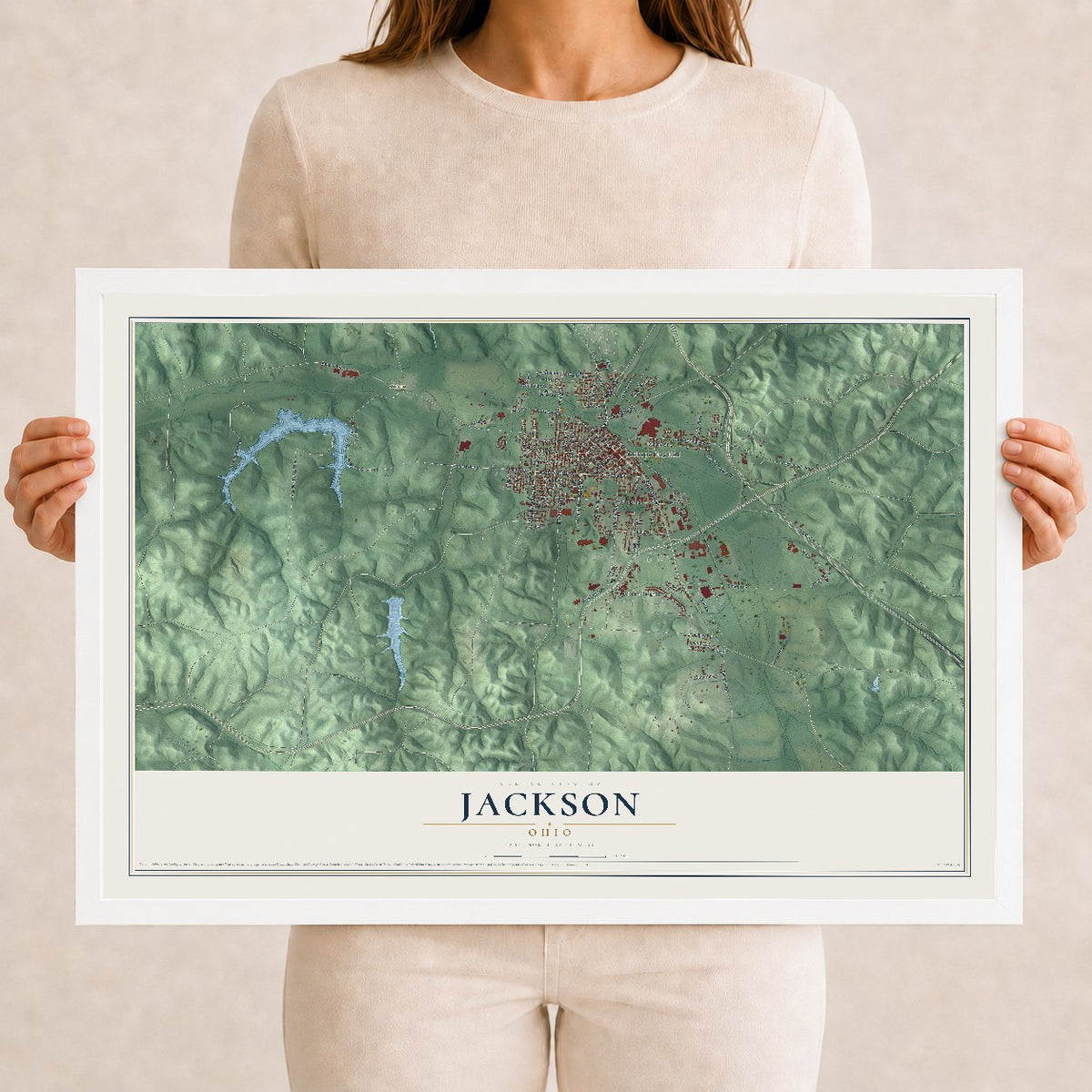 Map of Jackson, Ohio, 12 x 18 inch print in a white wood frame