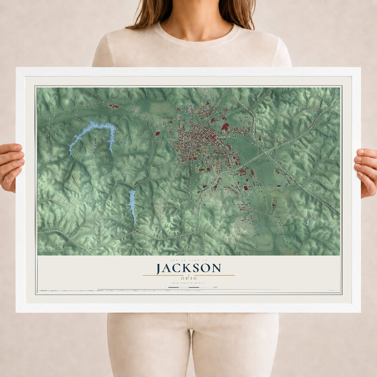 Map of Jackson, Ohio, 18 x 24 inch print in a white wood frame