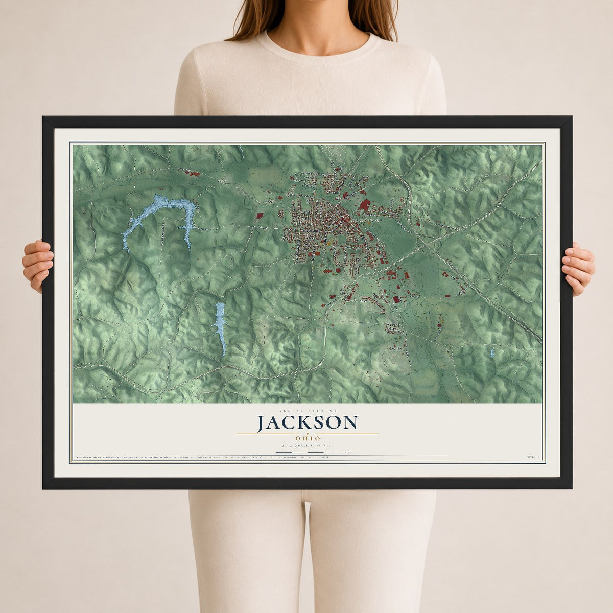Map of Jackson, Ohio, 24 x 36 inch print in a black wood frame