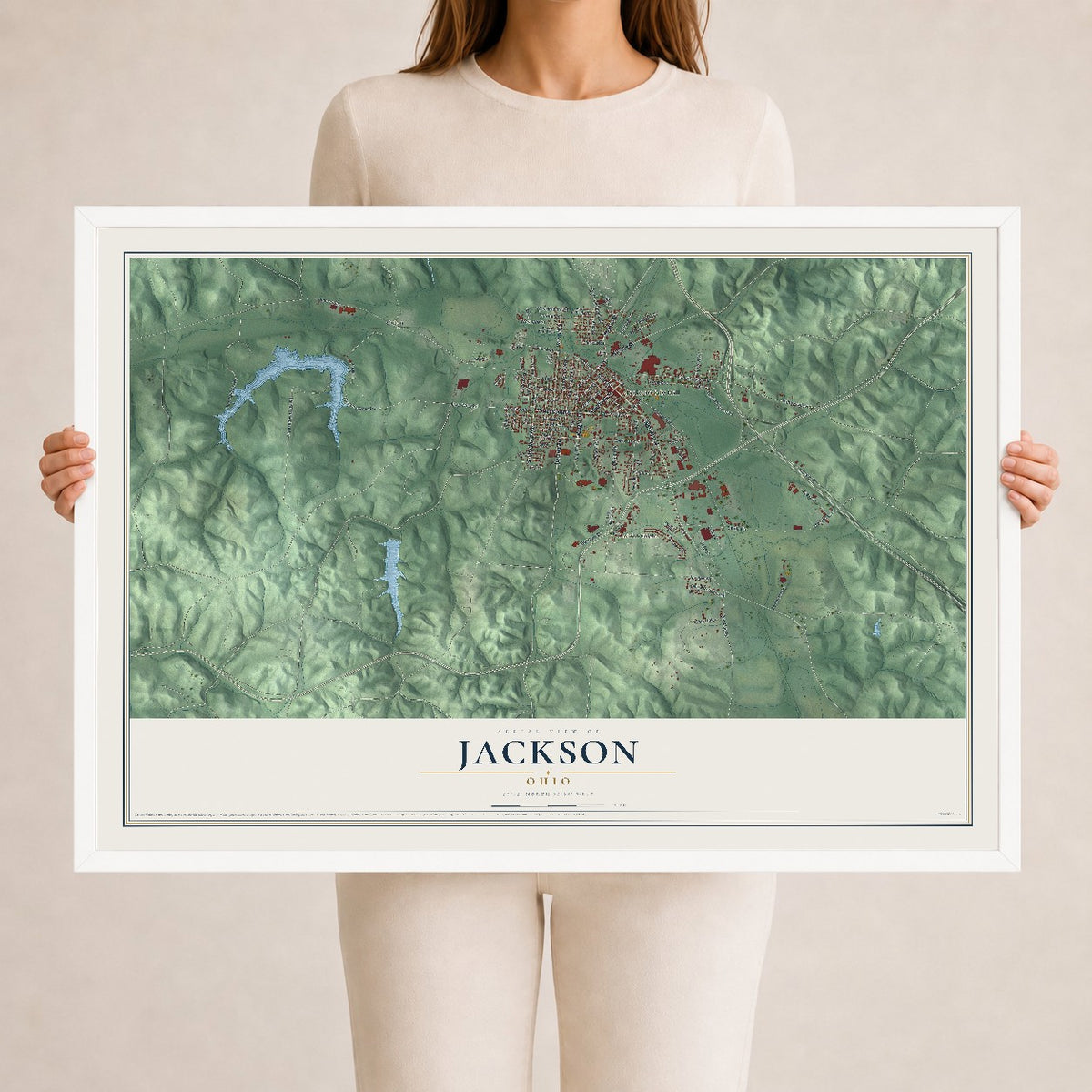 Map of Jackson, Ohio, 24 x 36 inch print in a white wood frame