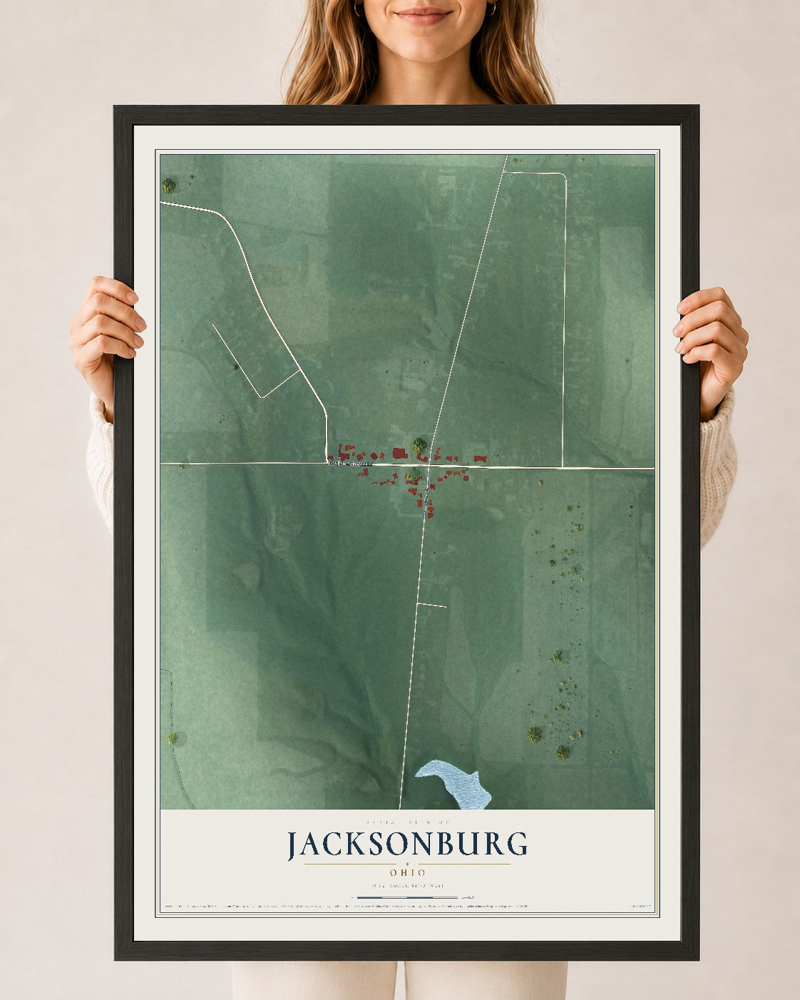 Map of Jacksonburg, Ohio, 24 x 36 inch print in a black wood frame