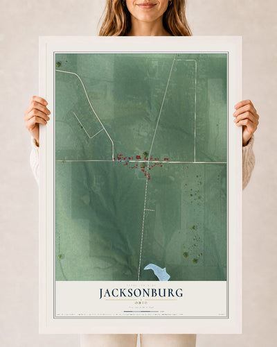 Map of Jacksonburg, Ohio, 24 x 36 inch print in a white wood frame