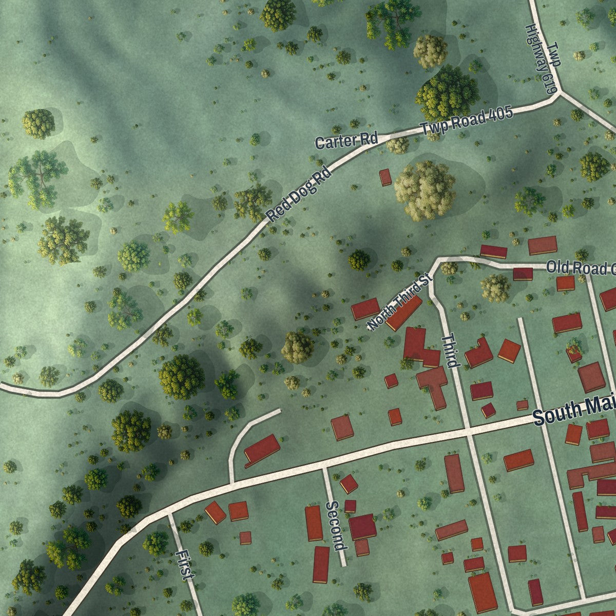 Second close-up of the map of Jacksonville, Ohio print showing more streets and buildings