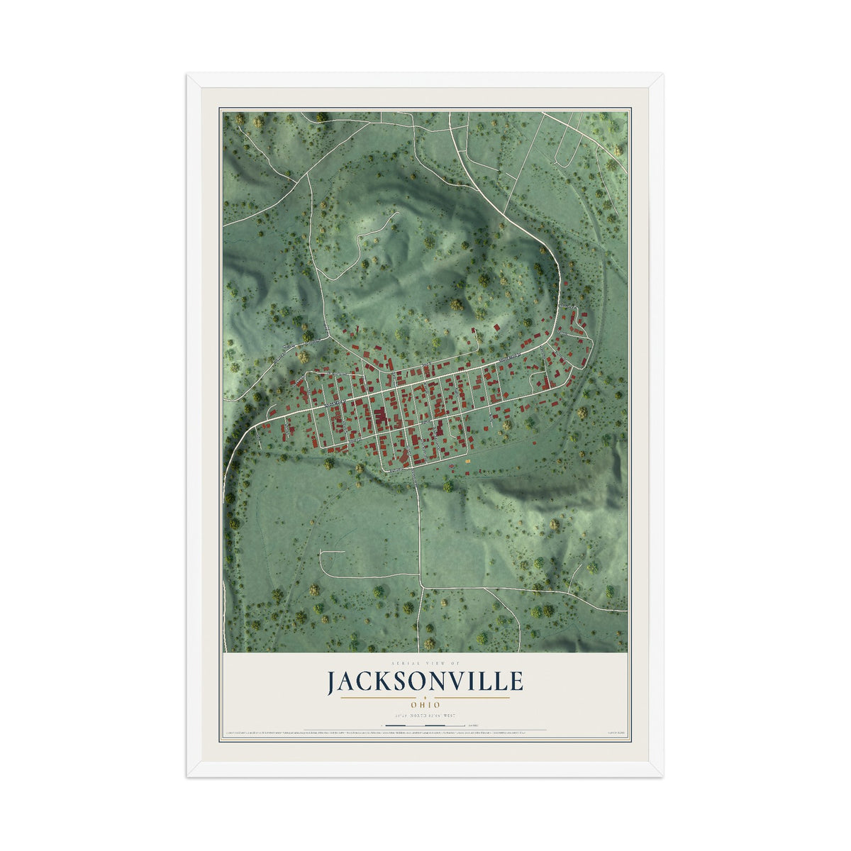 Map of Jacksonville, Ohio, 12 x 18 inch print in a white wood frame