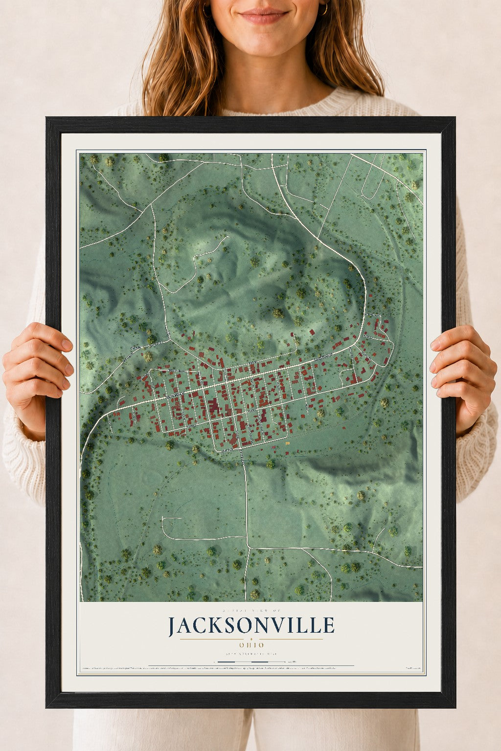 Map of Jacksonville, Ohio, 18 x 24 inch print in a black wood frame