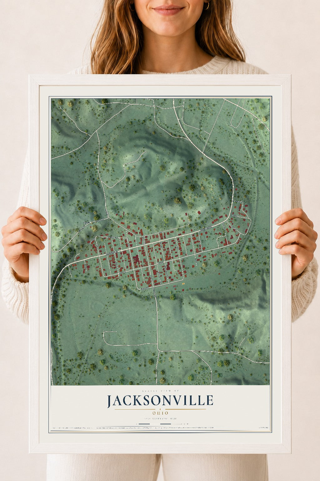 Map of Jacksonville, Ohio, 18 x 24 inch print in a white wood frame