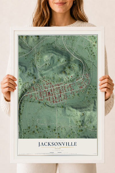 Map of Jacksonville, Ohio, 18 x 24 inch print in a white wood frame